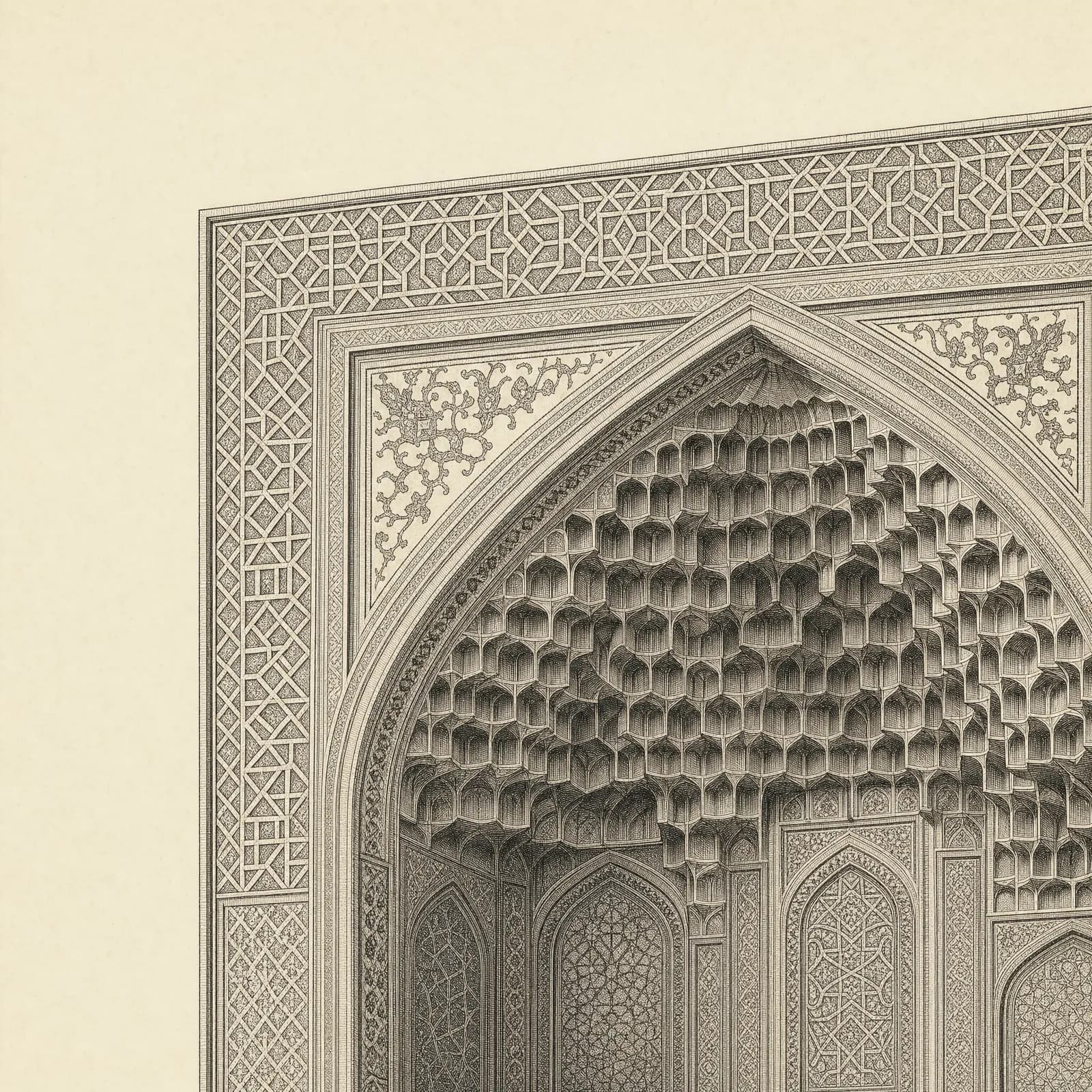 Samarqanddagi Registon madrasasi peshtog’ining gravyurasi: uchli ravoq, girih geometrik naqshlari va muqarnas bezaklari.